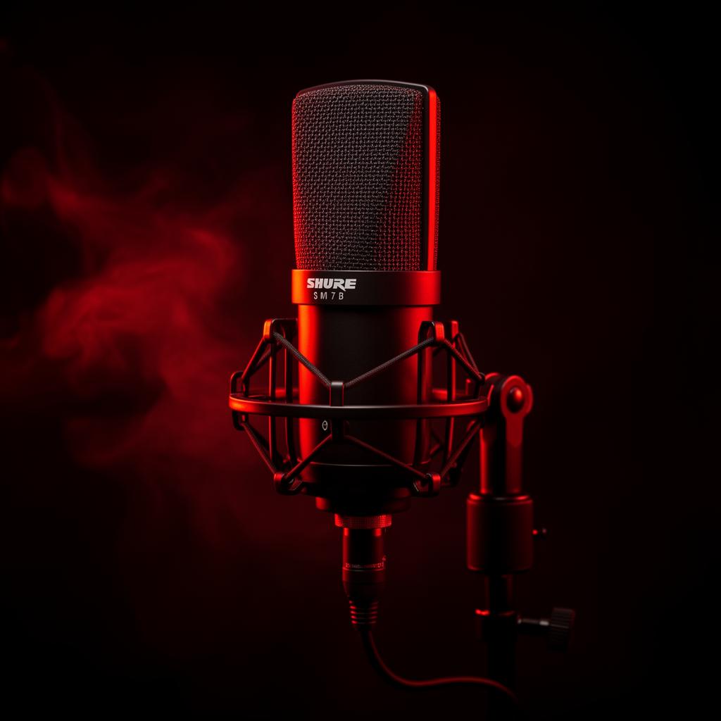 Microphone de podcast professionnel éclairé en rouge